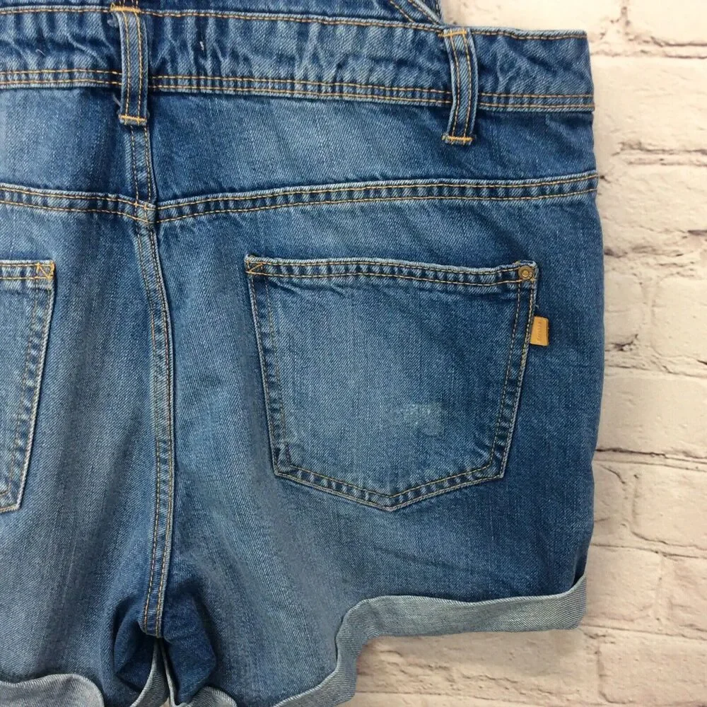 Bershka Denim Bib Shortalls Women's Size L Blue Distressed Cuffed Boho Festival